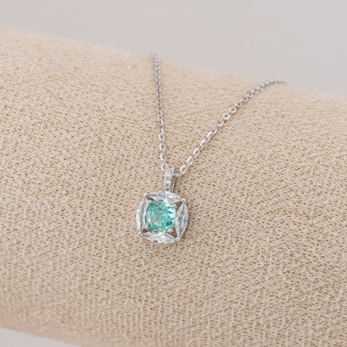 Collana Gioiello In Argento 925 Con Pendente Corindone Sintetico Quadratino Verde Rodiato YL-7928