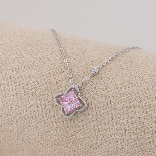 Collana Gioiello In Argento 925 Con Pendente Corindone Sintetico Quadrifoglio Rosa Rodiato YL-7942
