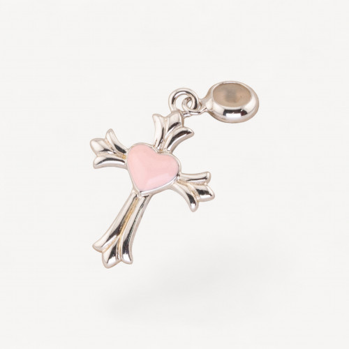Pendenti Charms Di Argento 925 Smaltati Collezione Flora 2pz Con Gommino Croce con Cuore Rosa