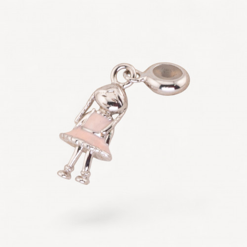 Pendenti Charms Di Argento 925 Smaltati Collezione Flora 3pz Con Gommino Bambina Rosa