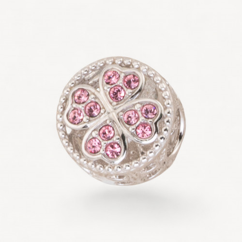 Pendenti Charms Di Argento 925 Smaltati Collezione Flora 1pz Foro Largo Fiore Zirconato Rosa