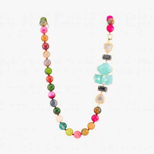 Collana Bijoux Con Pietre Dure e Laterale in Cristalli e Occhi di Gatto 60cm Azzurro e Multicolor