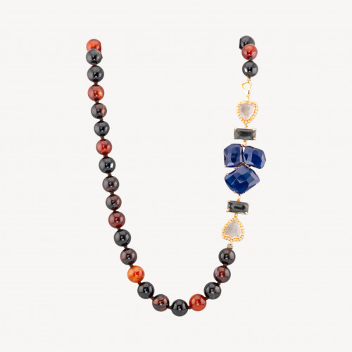 Collana Bijoux Con Pietre Dure e Laterale in Cristalli e Occhi di Gatto 60cm Blu e Ambra