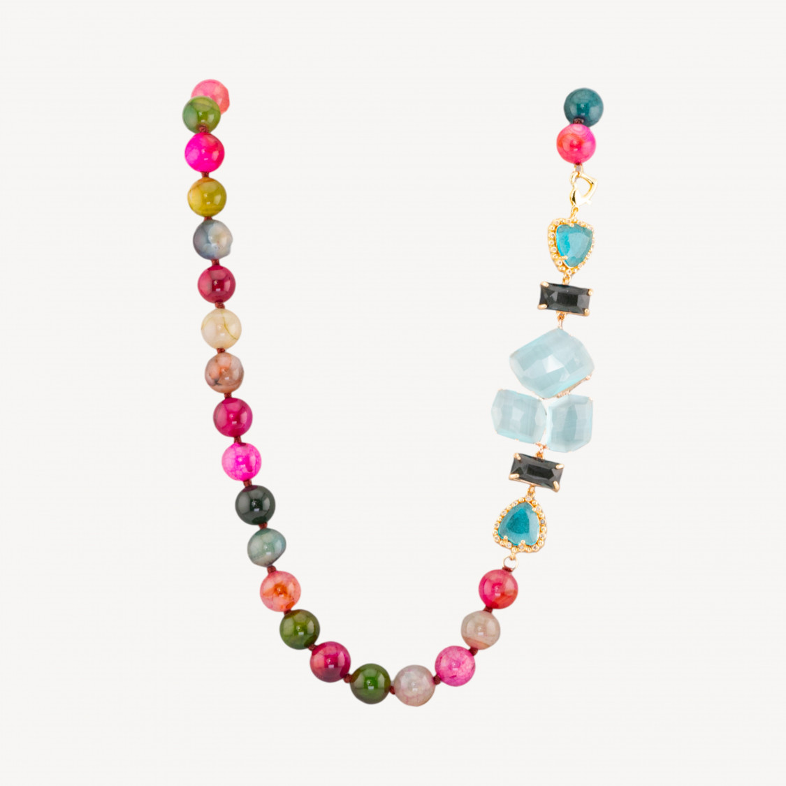 Collana Bijoux Con Pietre Dure e Laterale in Cristalli e Occhi di Gatto 60cm Celeste e Multicolor-DESIGNER-KETTEN MIT NATURSTEINEN UND PERLEN | Worldofjewel.com