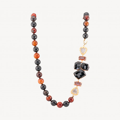 Collana Bijoux Con Pietre Dure e Laterale in Cristalli e Occhi di Gatto 60cm Nero e Ambra