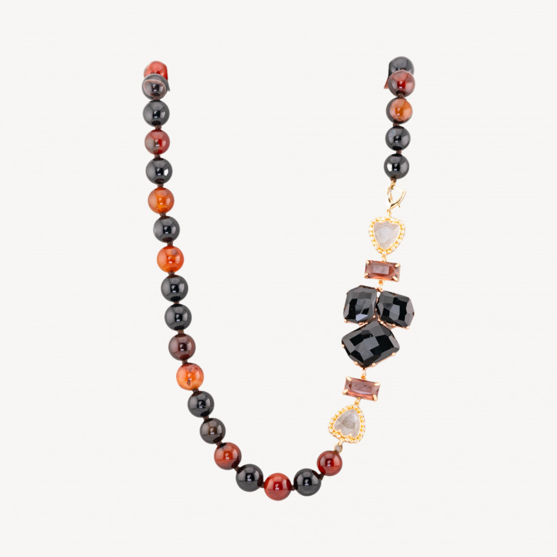 Collana Bijoux Con Pietre Dure e Laterale in Cristalli e Occhi di Gatto 60cm Nero e Ambra-COLLANE DESIGN CON PIETRE NATURALI E PERLE | Worldofjewel.com