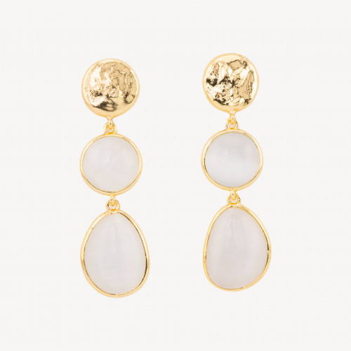 Orecchini Di Bronzo A Perno Con Occhio Di Gatto Tondo E Irregolare 16x58mm Bianco