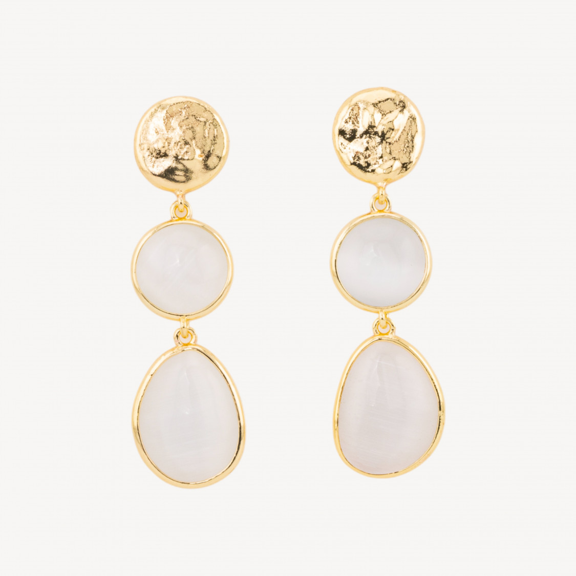 Orecchini Di Bronzo A Perno Con Occhio Di Gatto Tondo E Irregolare 16x58mm Bianco-BOUCLES D'OREILLES CONÇUES AVEC STYLE | Worldofjewel.com