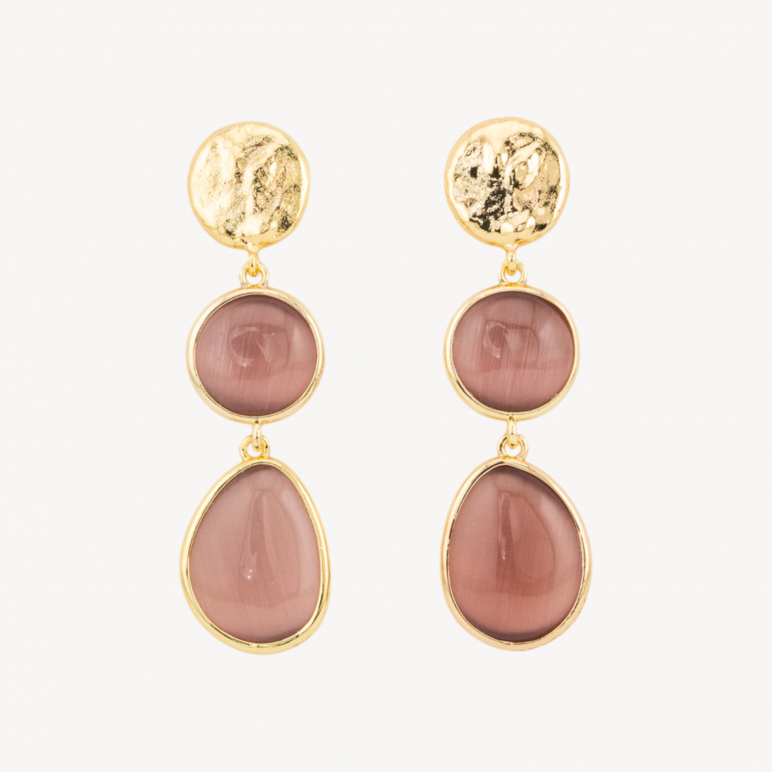 Orecchini Di Bronzo A Perno Con Occhio Di Gatto Tondo E Irregolare 16x58mm Cipria-ORECCHINI MADE WITH STYLE | Worldofjewel.com