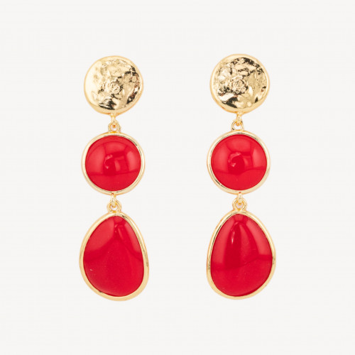 Orecchini Di Bronzo A Perno Con Occhio Di Gatto Tondo E Irregolare 16x58mm Rosso