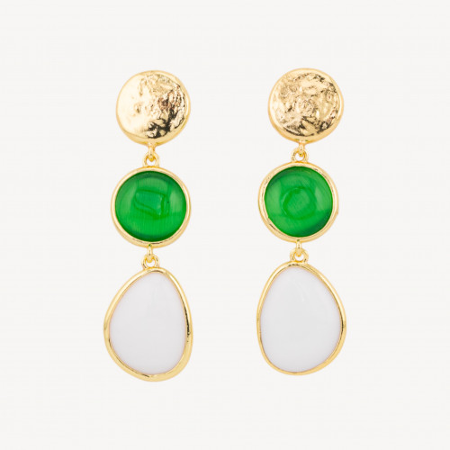 Orecchini Di Bronzo A Perno Con Occhio Di Gatto Tondo E Irregolare 16x58mm Verde E Bianco