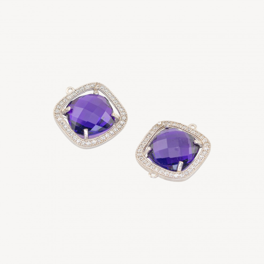 Componente Di Argento 925 Con Zirconi E Pietre Idrotermali Quadrato 17x21mm 2pz Rodiato Viola-CONNETTORI CON PIETRE | Worldofjewel.com