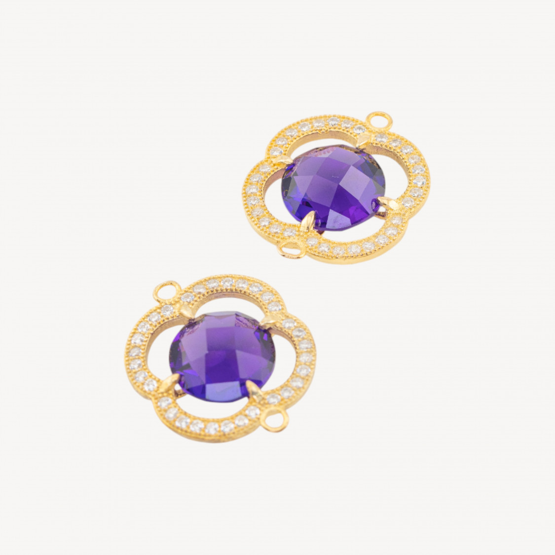 Componente Di Argento 925 Con Zirconi E Pietre Idrotermali Quadrifoglio 20x24mm 2pz Dorato Viola-CONNETTORI CON PIETRE | Worldofjewel.com