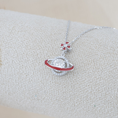 Collana In Argento 925 e Moissanite MOD.1712 Pendente con Pianeta Smaltato Rosso