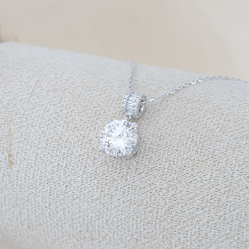 Collana In Argento 925 e Moissanite MOD.1795 Pendente con Punto Luce e Zirconi Baguette