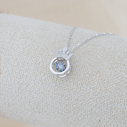 Collana In Argento 925 e Moissanite MOD.4260 Pendente con Corona e Punto Luce Rainbow Cut