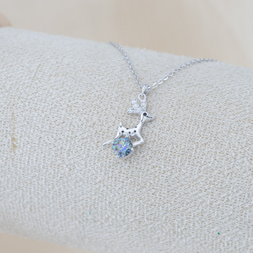 Collana In Argento 925 e Moissanite MOD.5811 Pendente con Cervo e Punto Luce Rainbow Cut