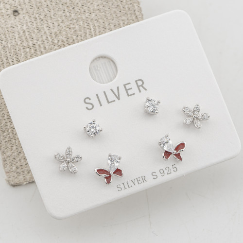 Orecchini In Argento 925 Punti Luce, Fiori e Farfalle Rosse