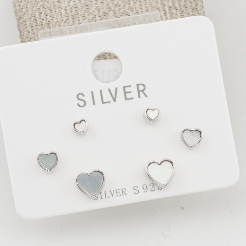 Orecchini In Argento 925 Tre Coppie con Cuori in Madreperla