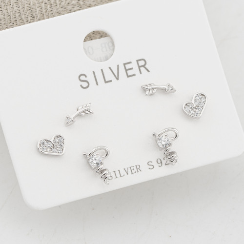 Orecchini In Argento 925 Tre Coppie con Frecce, Cuori e Punti Luce Vite