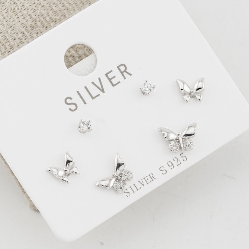 Orecchini In Argento 925 Tre Coppie con Punti Luce e Farfalle