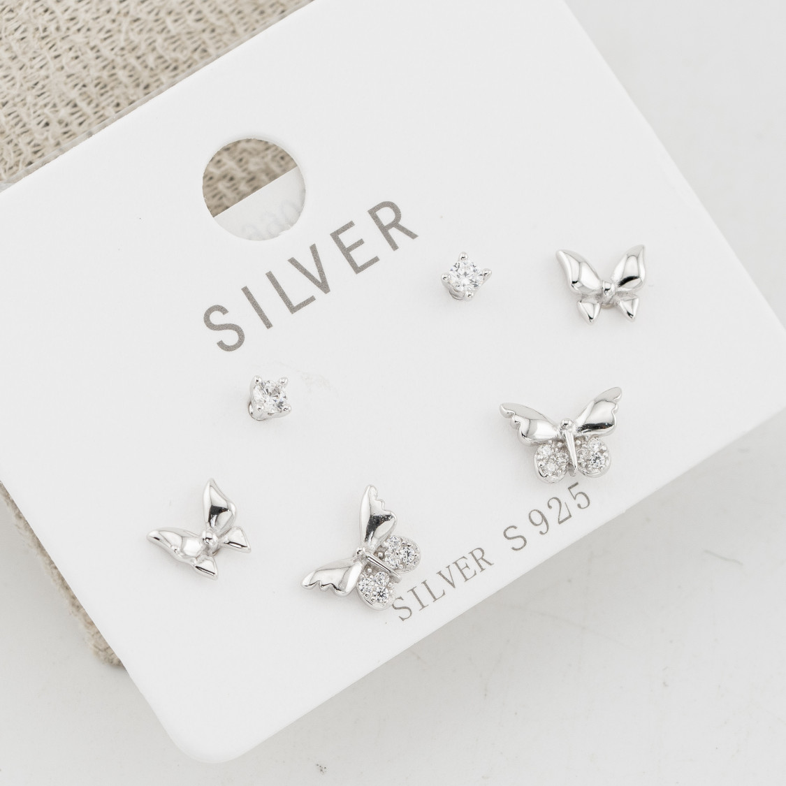 Orecchini In Argento 925 Tre Coppie con Punti Luce e Farfalle-MOISSANITE AND 925 SILVER EARRINGS | Worldofjewel.com