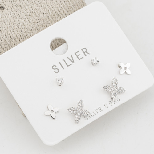 Orecchini In Argento 925 Tre Coppie con Punti Luce e Fiori