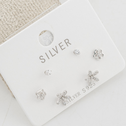 Orecchini In Argento 925 Tre Coppie con Punti Luce e Fiori