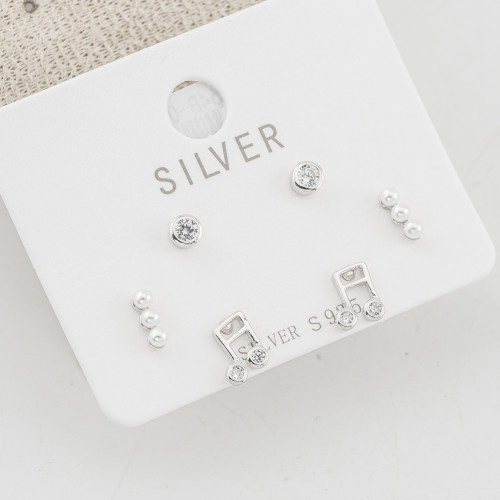 Orecchini In Argento 925 Tre Coppie con Punti Luce e Note Musicali