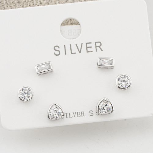 Orecchini In Argento 925 Tre Coppie con Punti Luce Geometrici