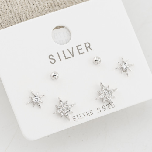 Orecchini In Argento 925 Tre Coppie con Punti Luce Tondi e Stelle
