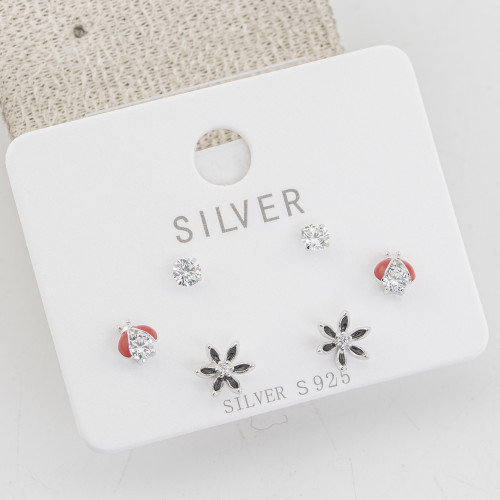 Orecchini In Argento 925 Tre Coppie con Punti Luce, Coccinelle e Fiori Neri