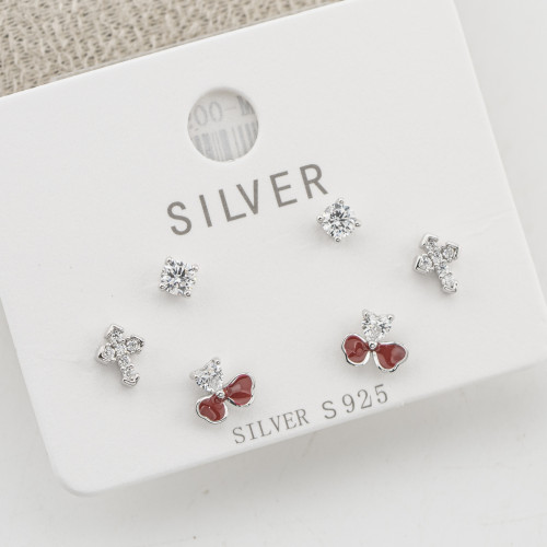 Orecchini In Argento 925 Tre Coppie con Punti Luce, Croci e Ciliegie