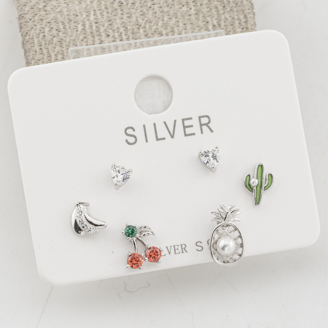 Orecchini In Argento 925 Tre Coppie con Punti Luce, Frutti e Cactus-ORECCHINI CON MOISSANITE E ARGENTO 925 | Worldofjewel.com