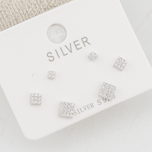 Orecchini In Argento 925 Tre Coppie con Rombi Zirconati