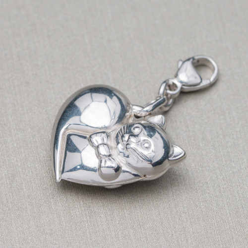 Pendant Charms Of 925 Silver Heart With Cat And Carabiner 17x30mm 4pcs