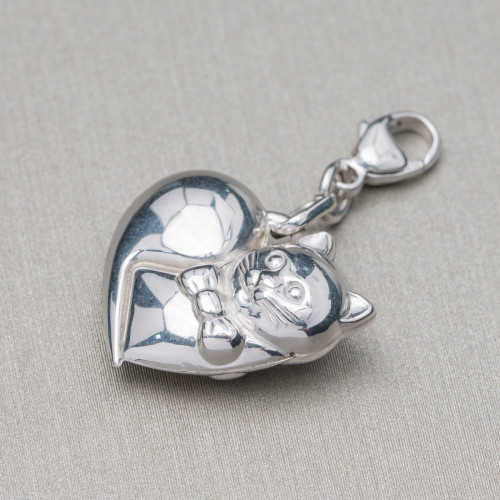 Ciondolo Pendente Charms Di Argento 925 Cuore Con Gatto E Moschettone 17x30mm 4pz