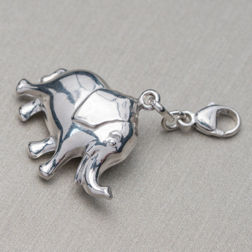 Ciondolo Pendente Charms Di Argento 925 Elefante 23,5x20mm Rodiato Con Moschettone 6pz