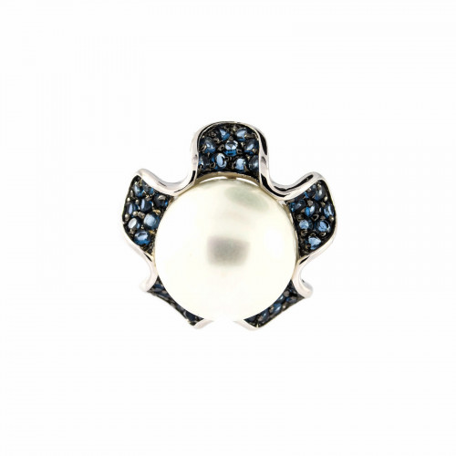 Pendant Of 925 Silver With Blue Zircons 5 Petals And Majorcan Pearls 19mm