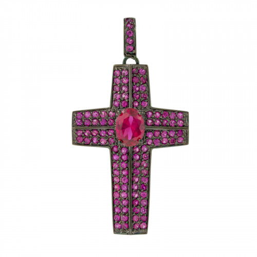 Pendant Of 925 Silver Burnished Cross With Ruby Zircons 25x45mm