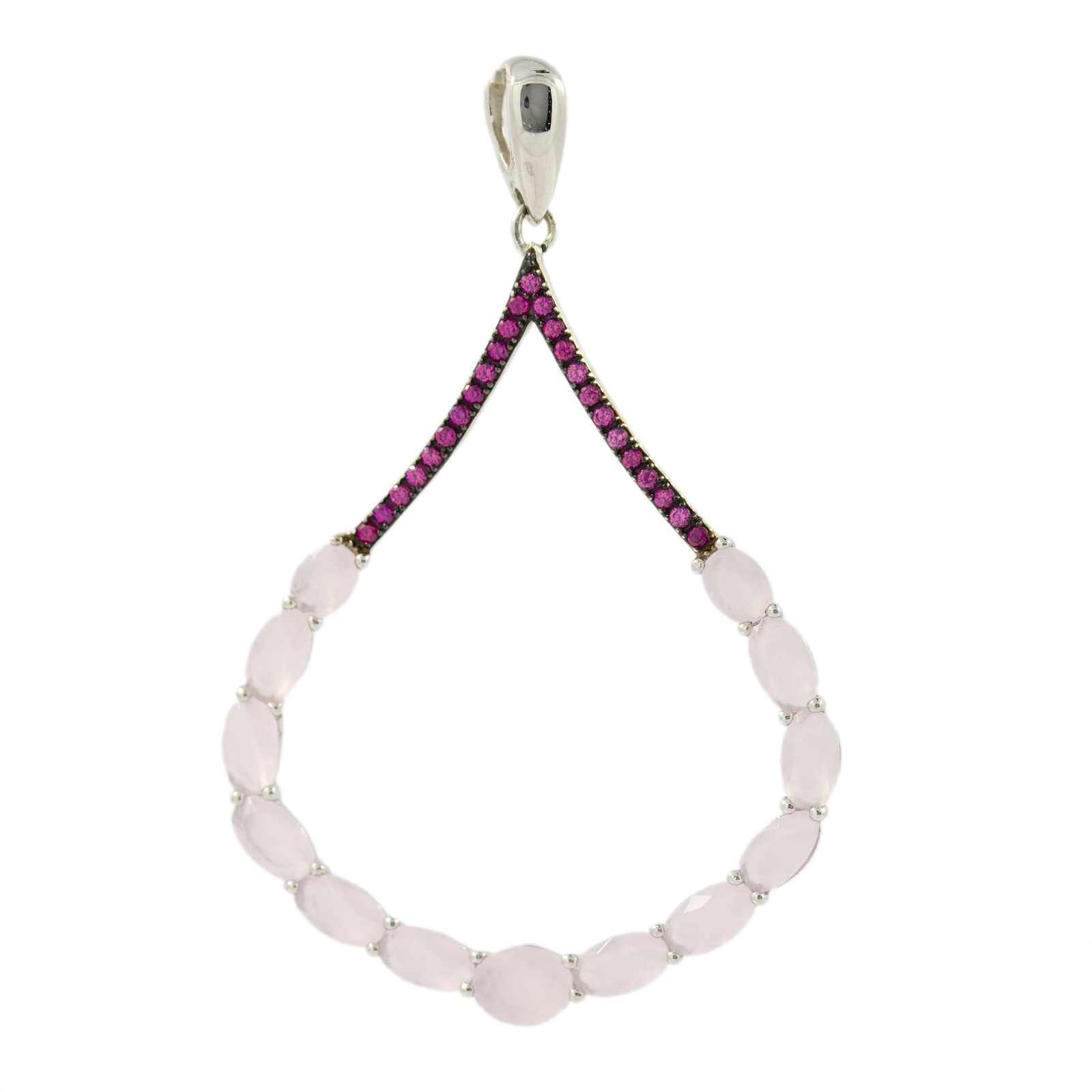 Ciondolo Pendente Di Argento 925 Ovali Con Zirconi E Topazi Rosa E Ruby 31x50mm
