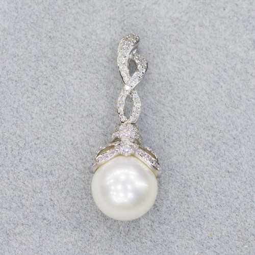 Anhänger aus weißer mallorquinischer Perle aus 925er Silber mit Spiralhaken und Zirkonen, 15 x 42 mm