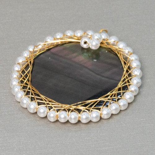Brass Pendant Component With Mother of Pearl With Intertwined Beads 36mm 2pcs Golden