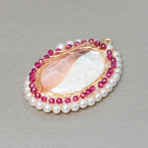 Composant pendentif en laiton avec mosaïque de nacre avec perles et zircons ovale 28x42mm