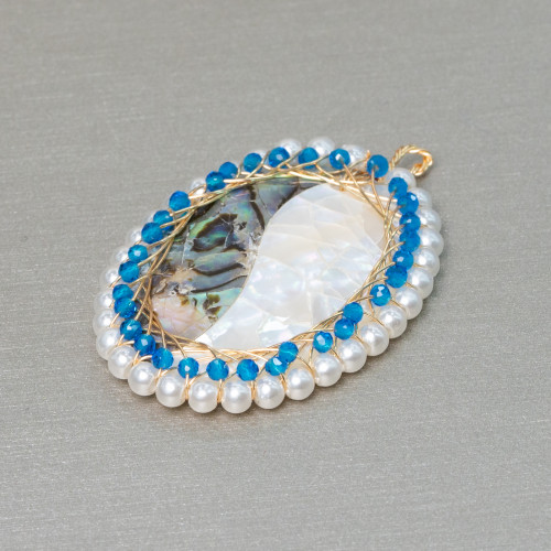 Brass Pendant Component With Mother of Pearl Mosaic With Beads And Zircons Oval 28x42mm Blue