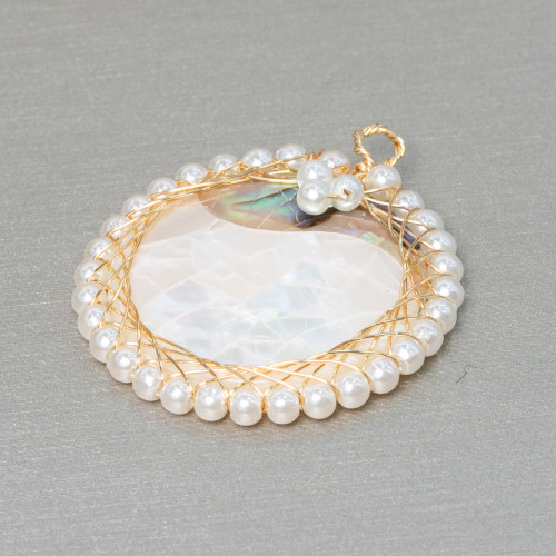 Brass Pendant Component With Mother of Pearl Mosaic With Round Beads 32mm